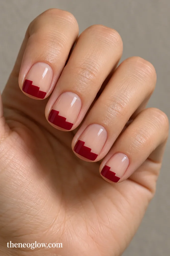 Glossy cranberry French tips with three rectangular steps on short square nails.
