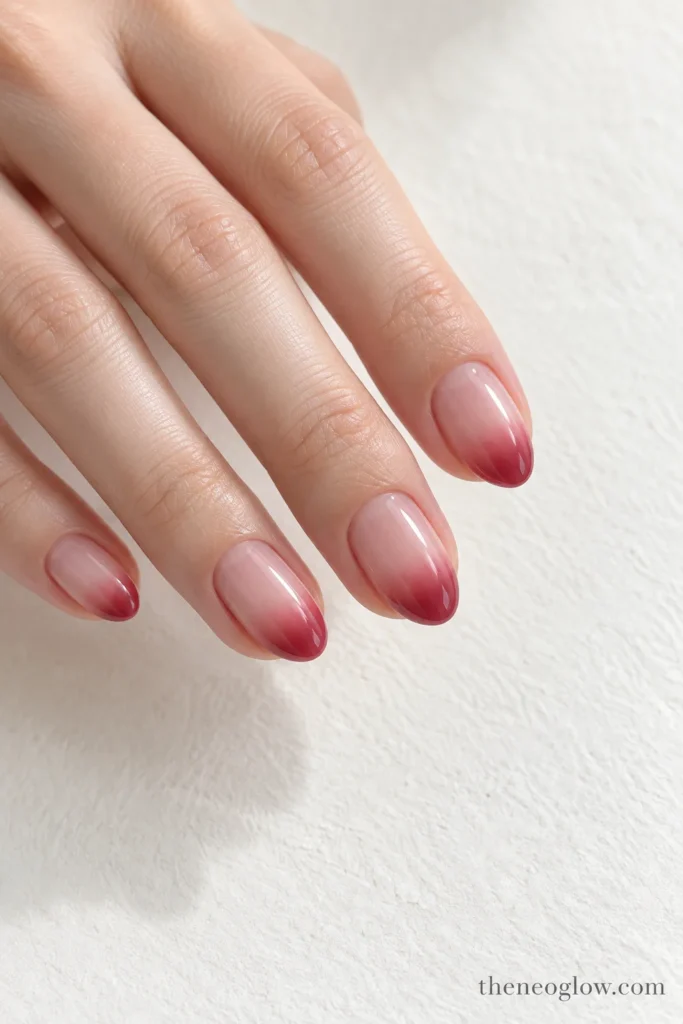 Short almond nails with sheer blush bases and softly blurred cranberry tips.
