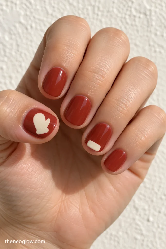 Short brick-red round nails featuring a small cream mitten on the thumbnail and a matching cuff accent on the ring finger.