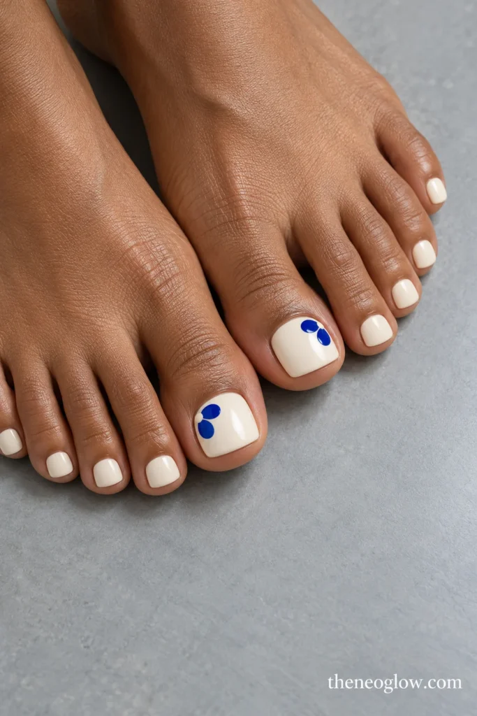 Warm-cream toenails with exactly two cobalt-blue petals meeting on each big toenail.
