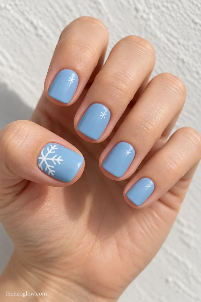 Short powder-blue squoval nails with half a white snowflake on the thumb and tiny white asterisks on the smaller nails.