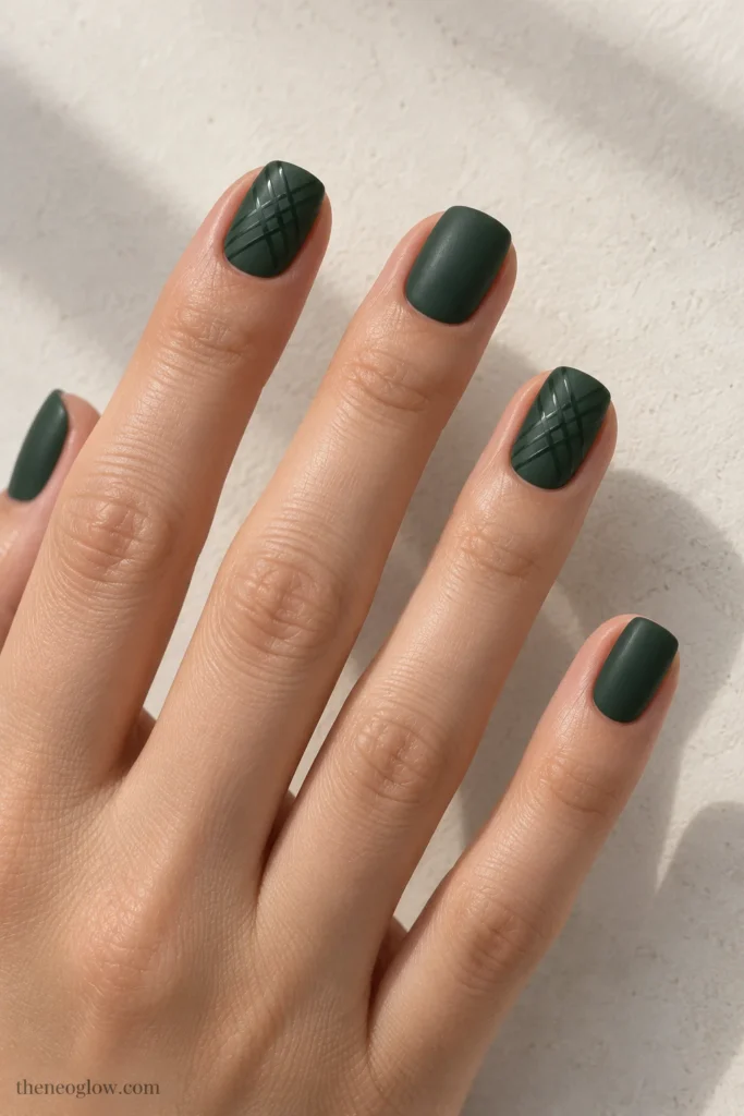Short soft-square cypress-green satin nails with crossed glossy green basketweave lines on two accent fingers.