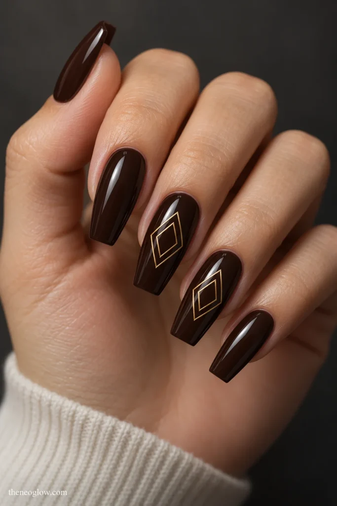 Glossy dark-cacao coffin nails with two nested champagne-gold diamond outlines on the middle and ring fingers.