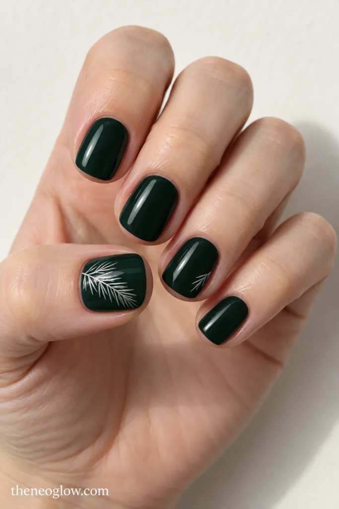 Short dark-pine squoval nails with silver-white pine needles on the thumb and small strokes on the ring finger.