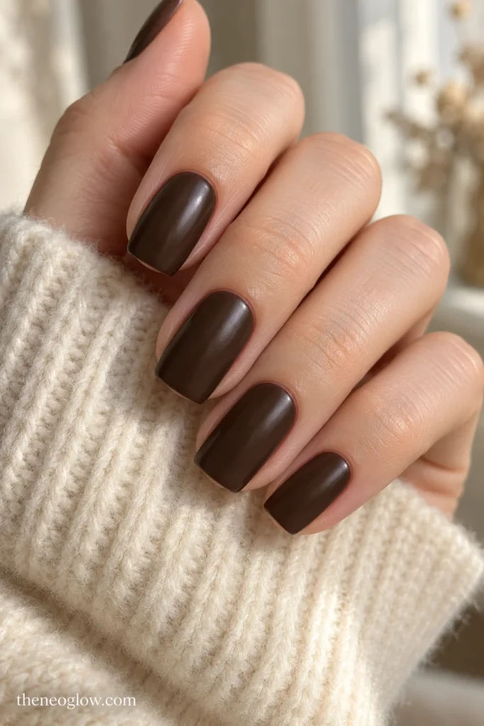 Medium squoval nails in deep neutral chocolate-brown polish with a satin finish.