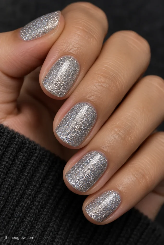 Short round nails fully coated in densely packed fine silver glitter.