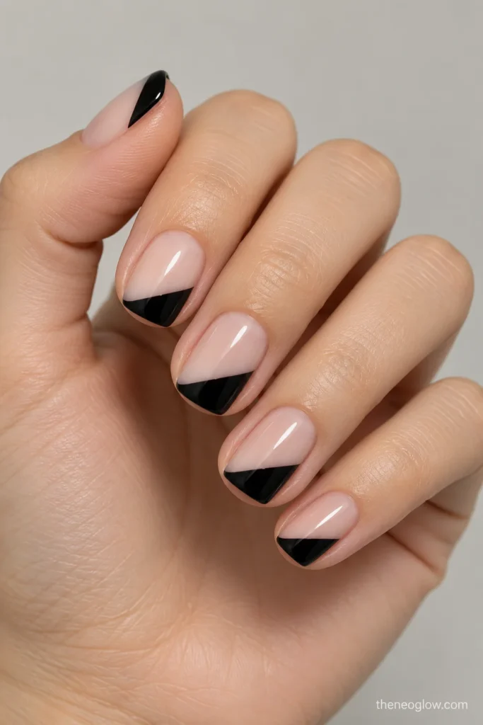 Soft-square nails with glossy black diagonal French tips and open negative space.