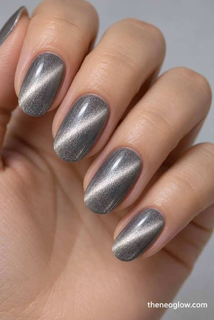Medium oval silver-gray magnetic nails with narrow bright silver diagonal beams.