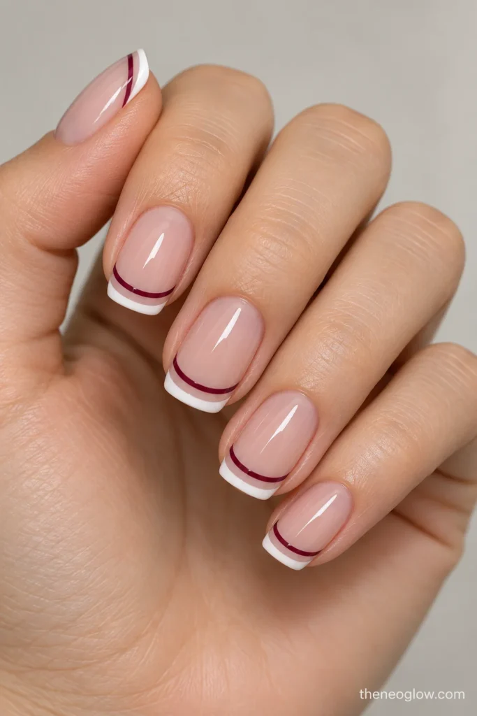 Soft-square nails with double French lines separated by visible sheer base.