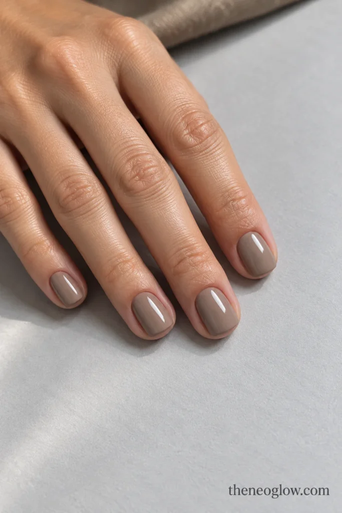 Short squoval nails in opaque brown-gray greige polish with a reflective glossy surface.