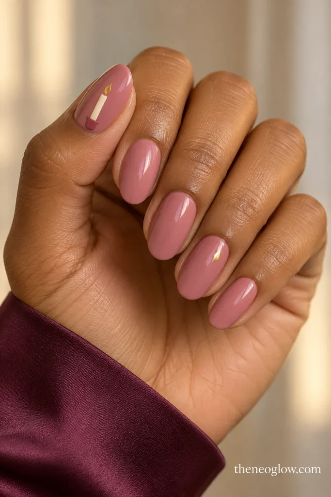 Medium dusty-rose oval nails with a small ivory candle and gold flame on the thumbnail.