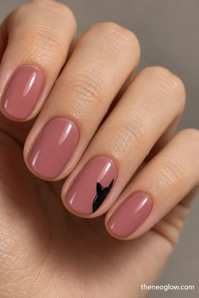 Dusty rose rounded nails with one cropped black cat accent entering from the side.