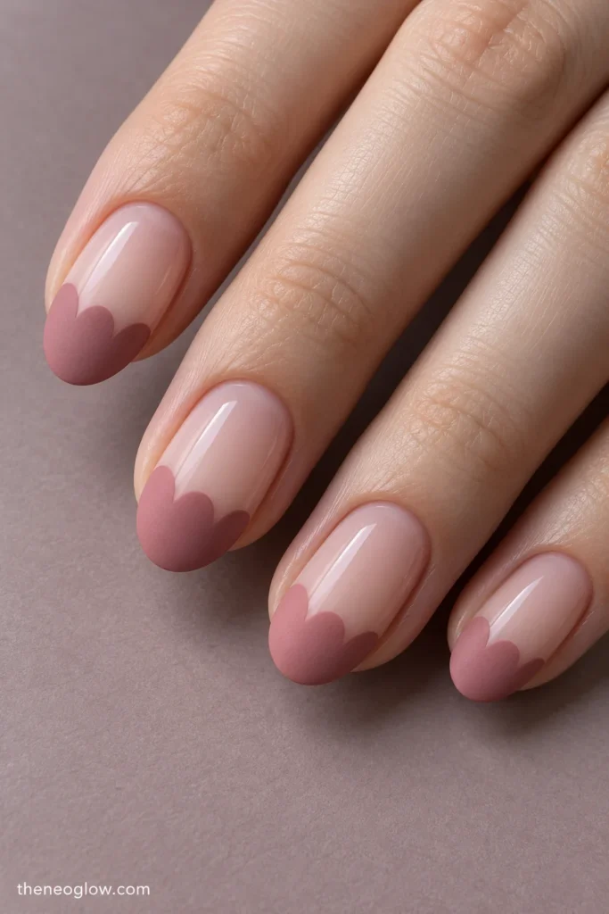 Medium oval nails with matte dusty-rose French tips shaped into three rounded lobes over glossy bases.