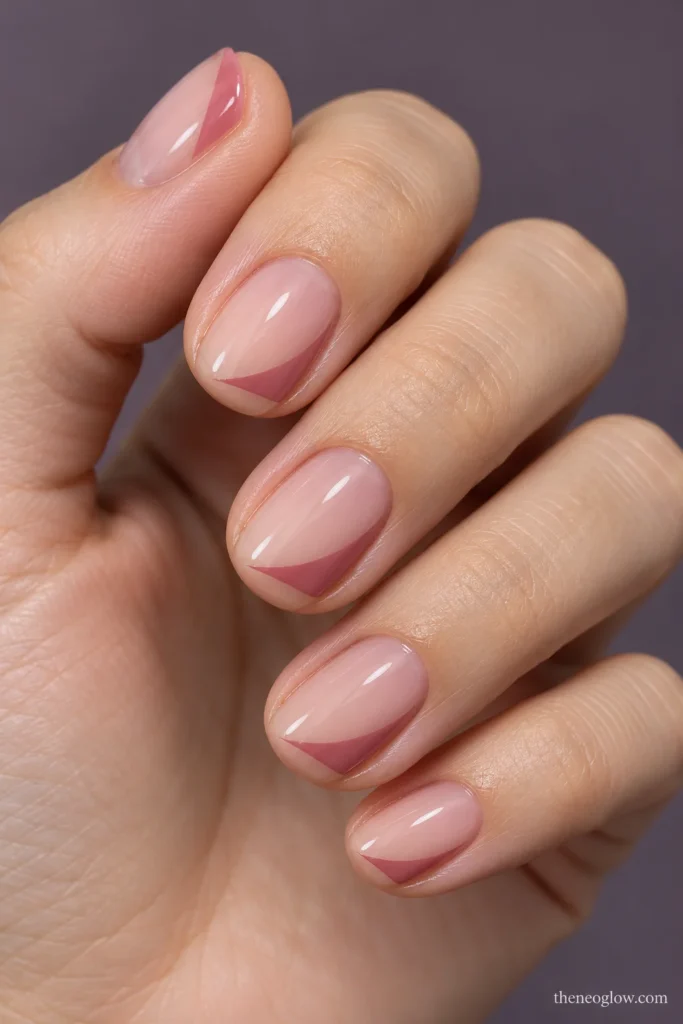 Short oval nails with one-sided dusty-rose French ribbons tapering away from the right tip corners.