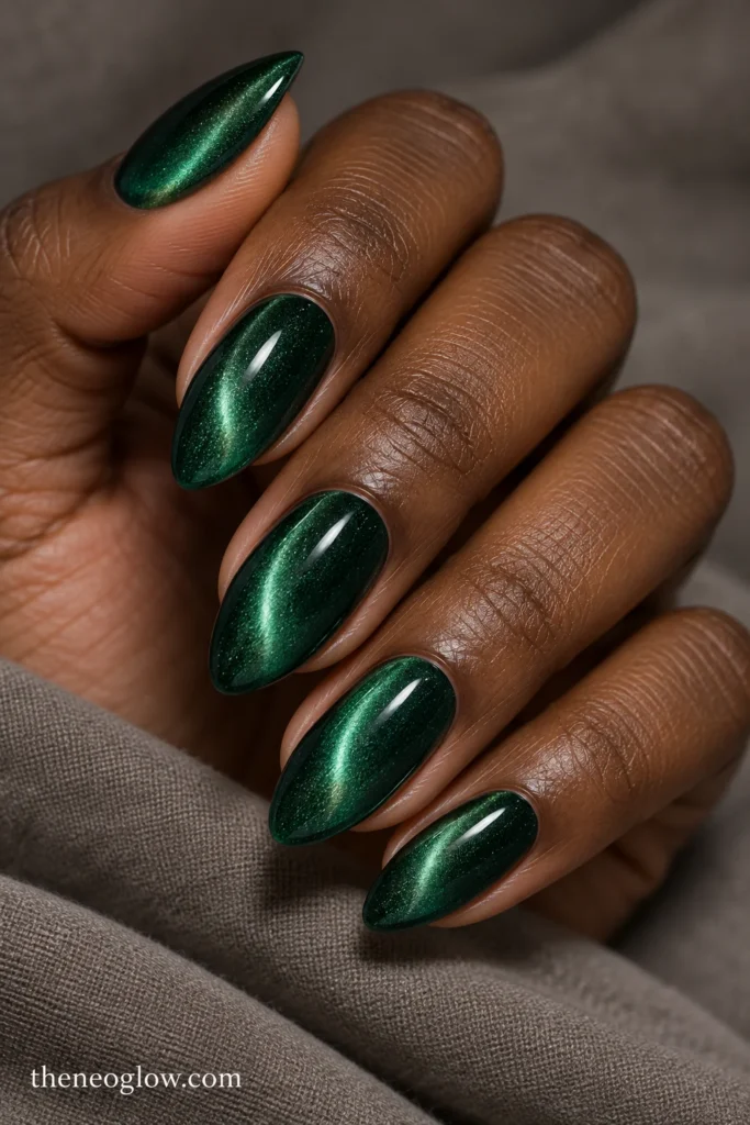 Medium almond emerald magnetic nails with softly curved crescent reflections near one sidewall.