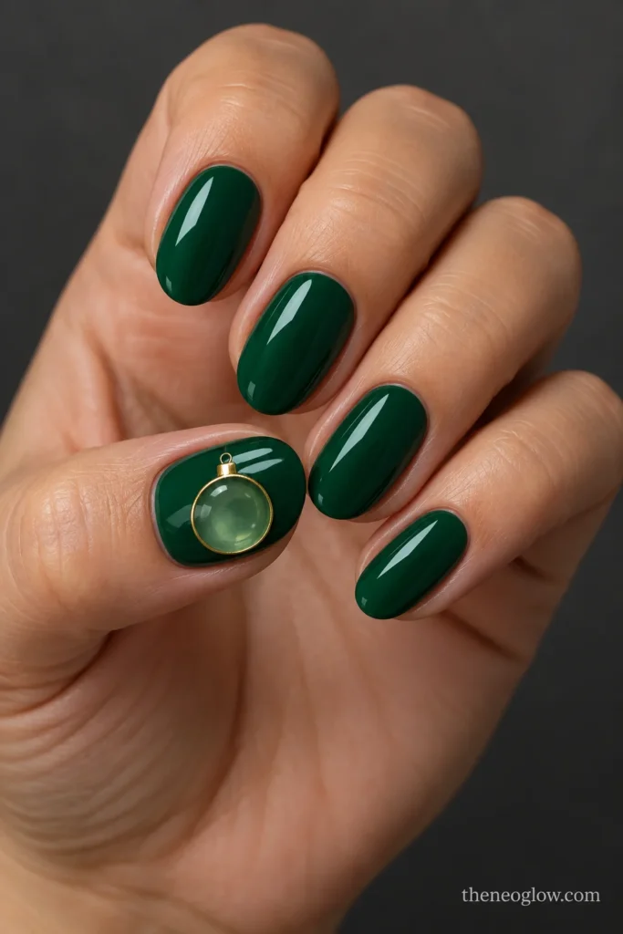 Emerald oval nails with a translucent pale-green ornament window and thin gold outline on the thumbnail.