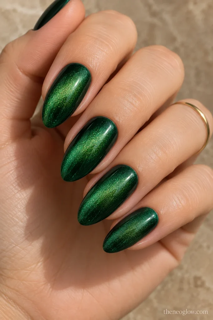 Medium almond emerald nails with a broad diffused velvet magnetic finish