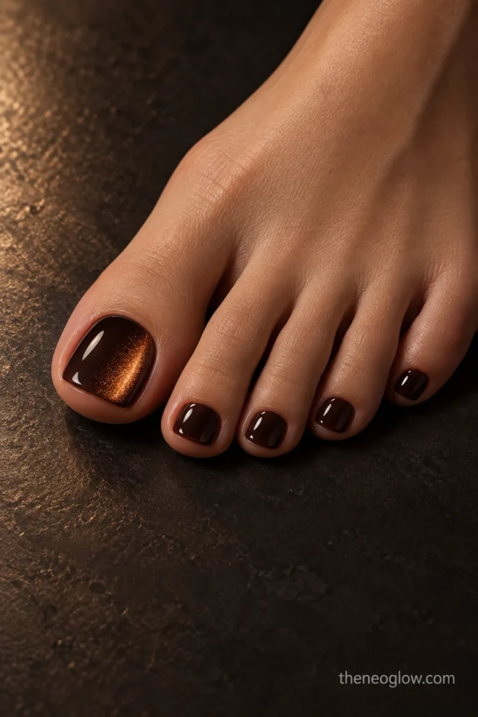 Deep espresso pedicure with warm bronze magnetic reflection swept toward one side of the big toe.