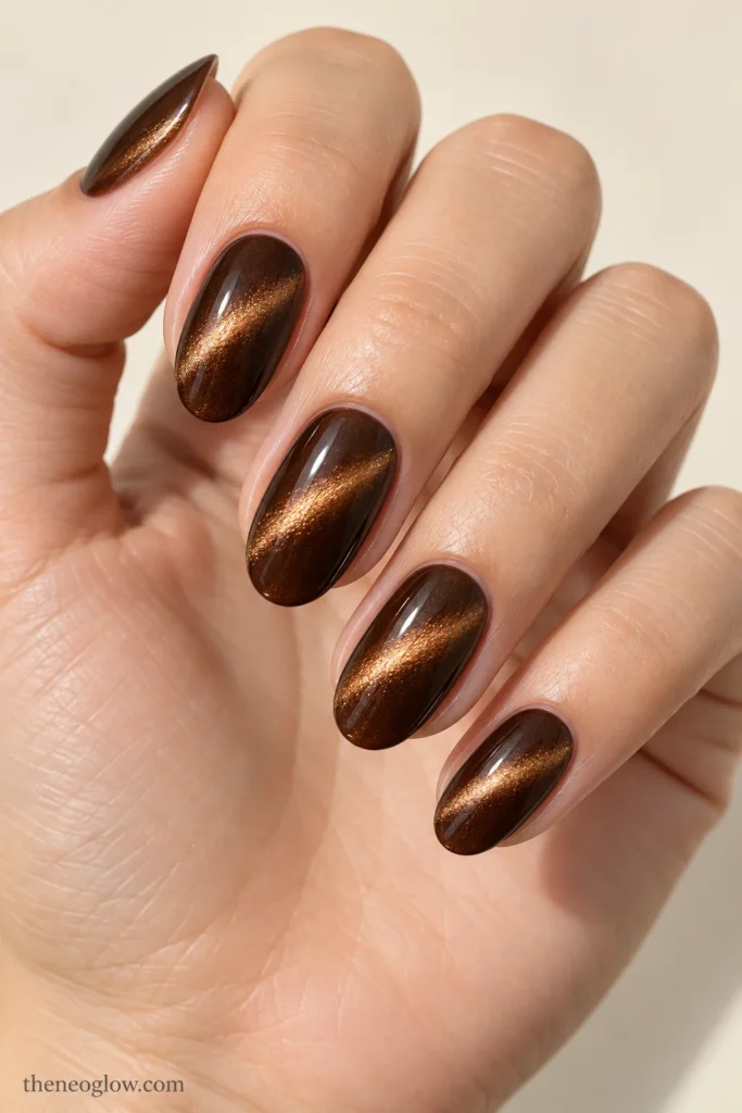 Medium oval espresso-brown nails with a copper-gold diagonal magnetic beam