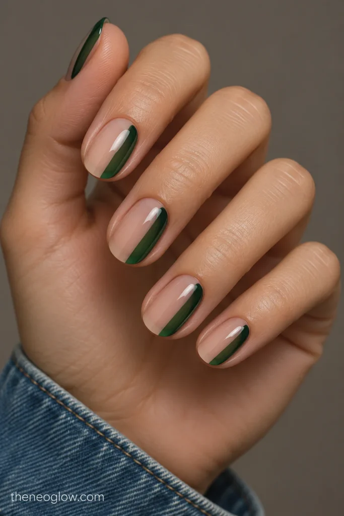 Short oval sheer nude nails with narrow translucent evergreen glass side panels.