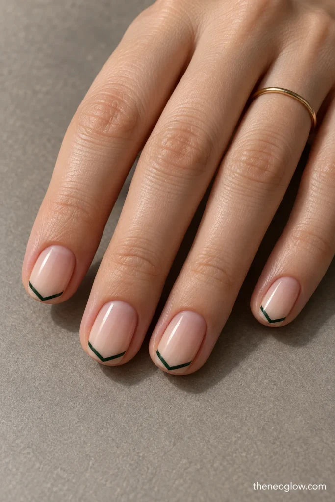 Short squoval nails with sheer beige bases and thin dark-green chevron outlines along the tips.