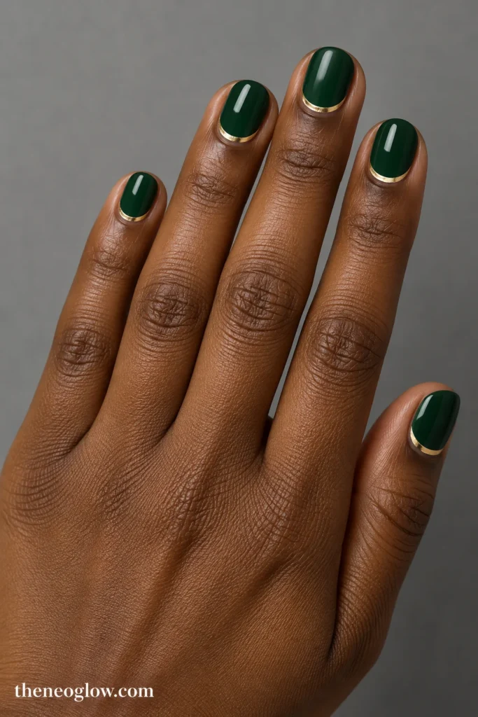 Short round evergreen-green nails with slim champagne-gold crescents above the cuticles.