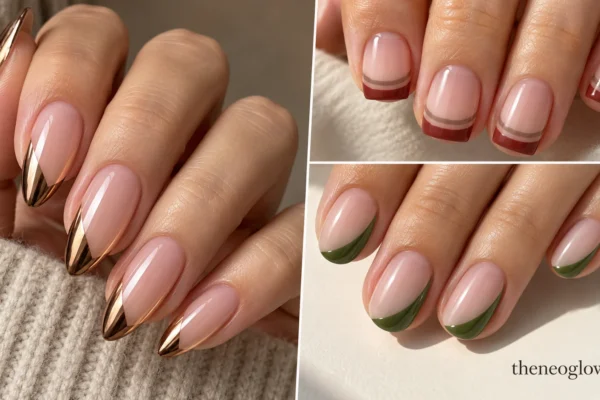 Editorial collage of clay-red double French tips, moss-green side French nails, and reflective bronze diagonal tips.