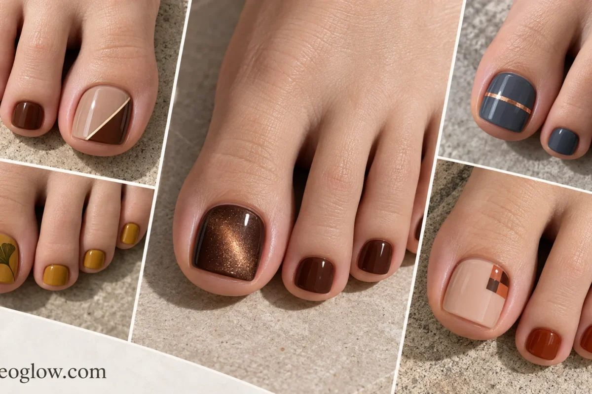 Editorial collage of five fall pedicures with chestnut color blocking, denim and copper detail, cocoa magnetic shine, rust checker art, and a mustard ginkgo accent