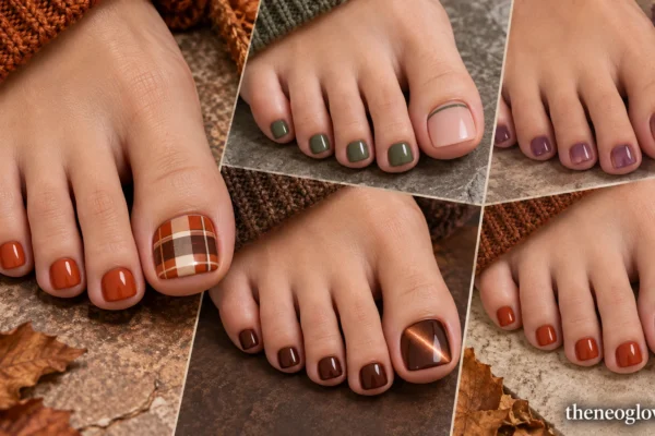 Editorial fall pedicure collage showing olive minimal detail, copper cat-eye, amethyst foil, burnt-orange plaid, and a maple-leaf accent