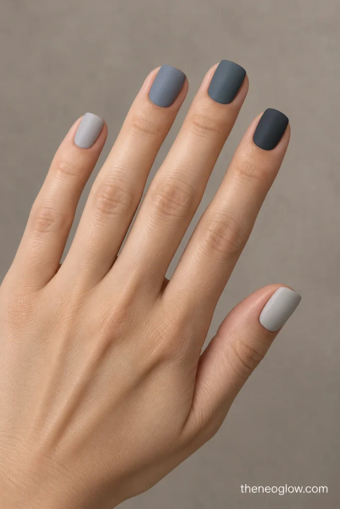Short matte squoval nails in five grays from pale pebble to ink charcoal.