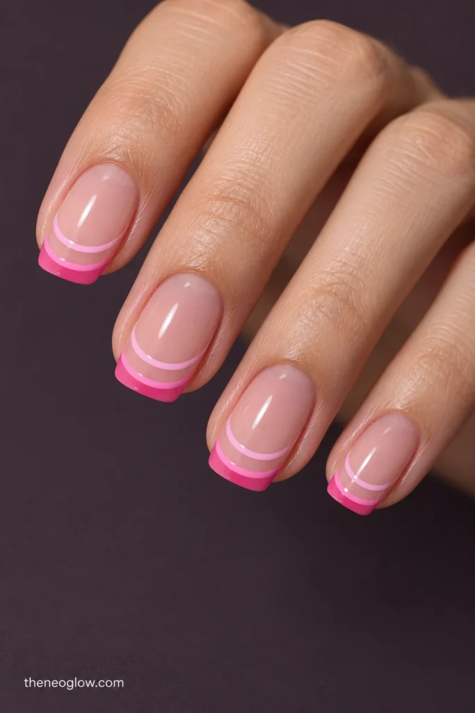 Medium squoval nails with separated flamingo-pink and baby-pink French arcs over sheer pink bases