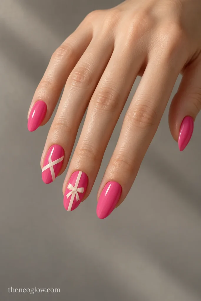 Glossy flamingo-pink almond nails with narrow ivory crossing ribbons and a flat ribbon knot on accent nails.