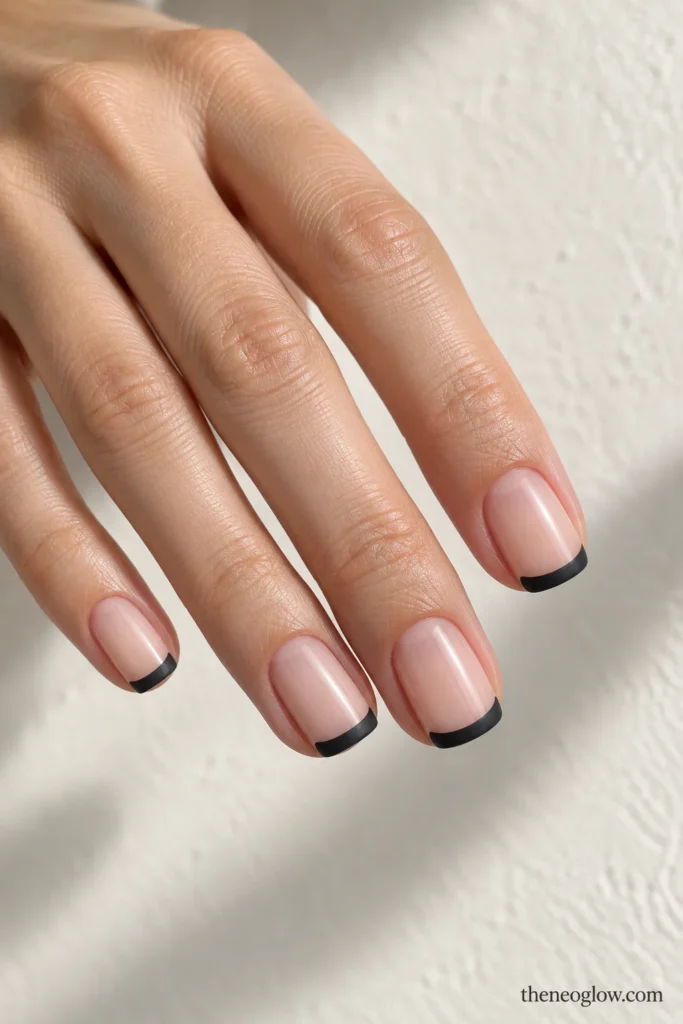 Short squoval nails with shallow satin-charcoal French tips over a sheer peach base.