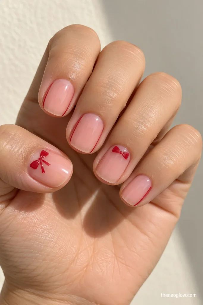 Short rosy squoval nails with small flat red ribbon bows near the thumb and ring-finger cuticles.