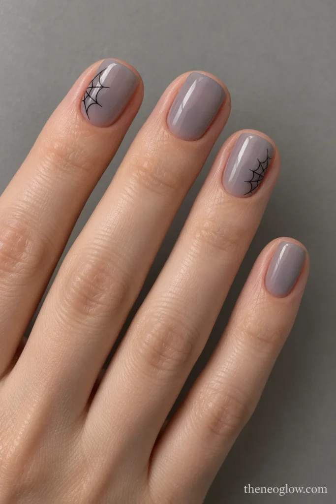 Short squoval fog-gray nails with small black spiderweb fans entering the side of the index and ring nails.