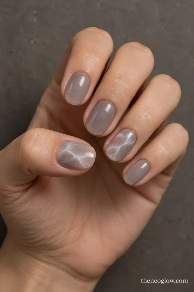 Short translucent gray oval nails with diffuse milky-white marbling on two accents.