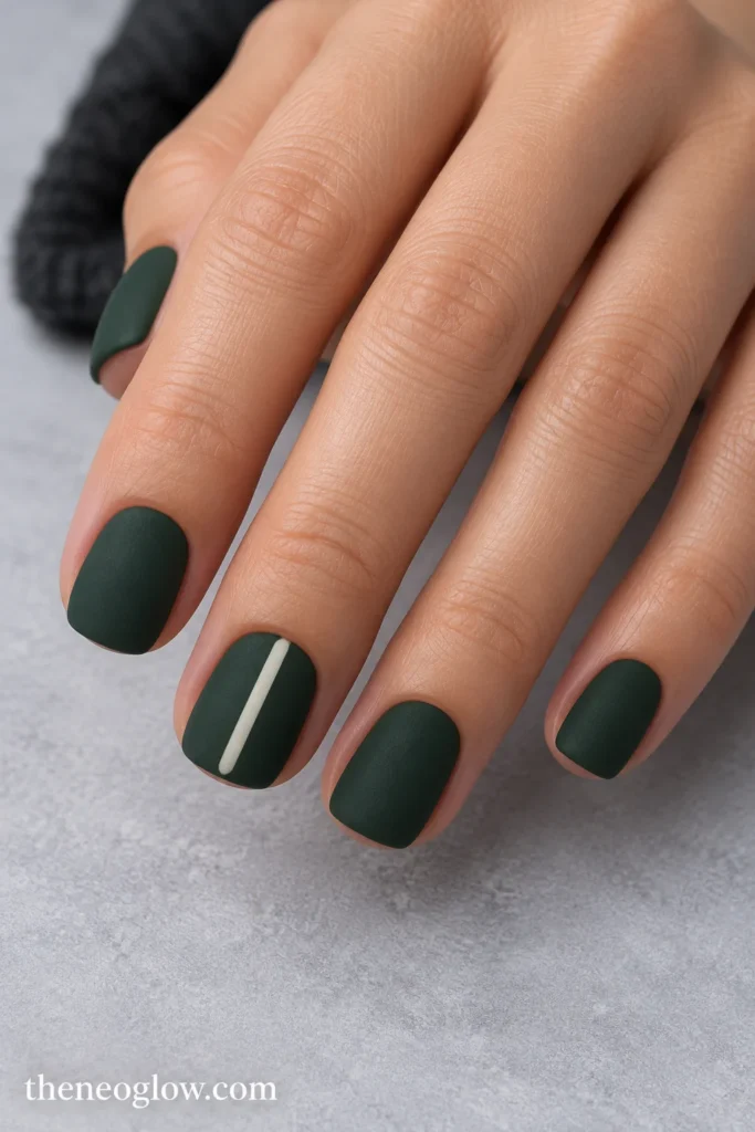 Short matte forest-green squoval acrylic nails with a narrow ivory stripe on the middle finger.