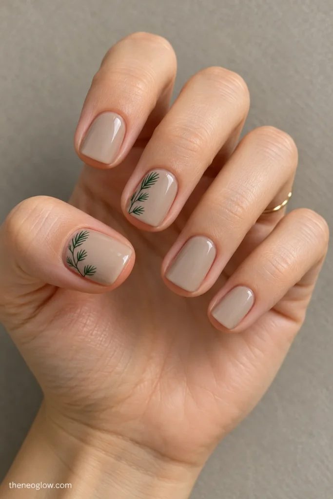 Short warm-stone square nails with delicate forest-green pine-needle designs along one side of the thumb and middle finger.