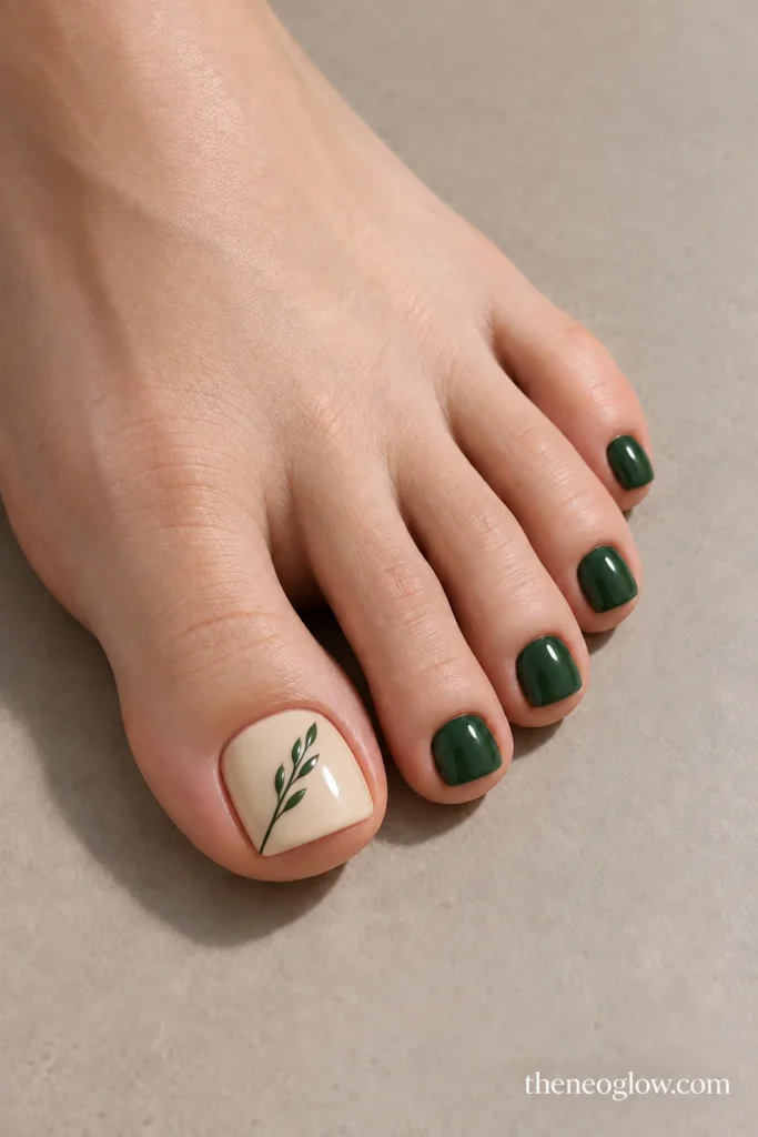 Warm beige big toenail with a slim forest-green wheat stem and glossy forest-green smaller toes