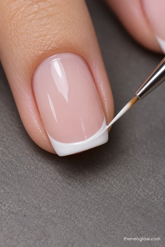Close-up of a detail brush painting a clean French smile line over a sheer blush nail.