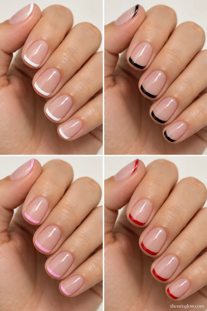 White, black, pink, and red French tips compared on matching short neutral-base nails.