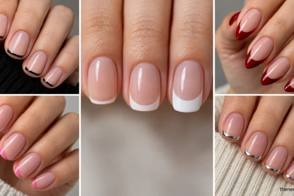 Editorial collage showing different French tip widths, shapes, placements, and a chrome variation on short and medium nails.