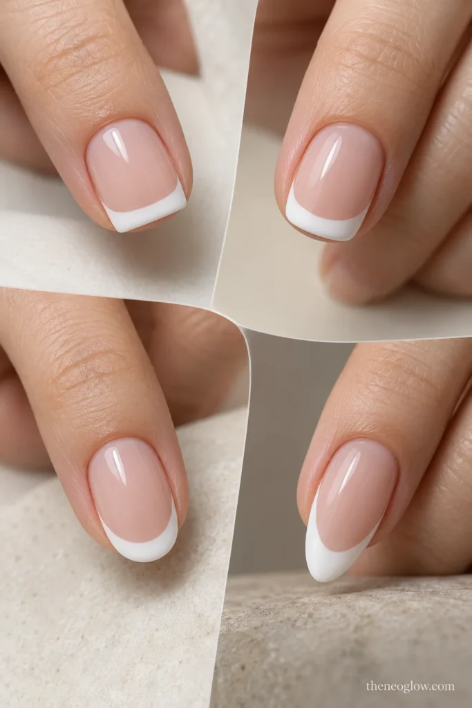 French tip comparison showing square, squoval, oval, and almond nail shapes with smile lines adapted to each shape.