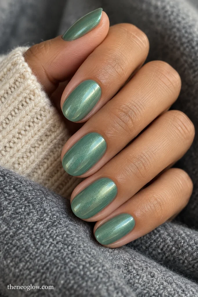 Short-to-medium oval nails with opaque cool jade-green polish and a soft green pearl sheen.