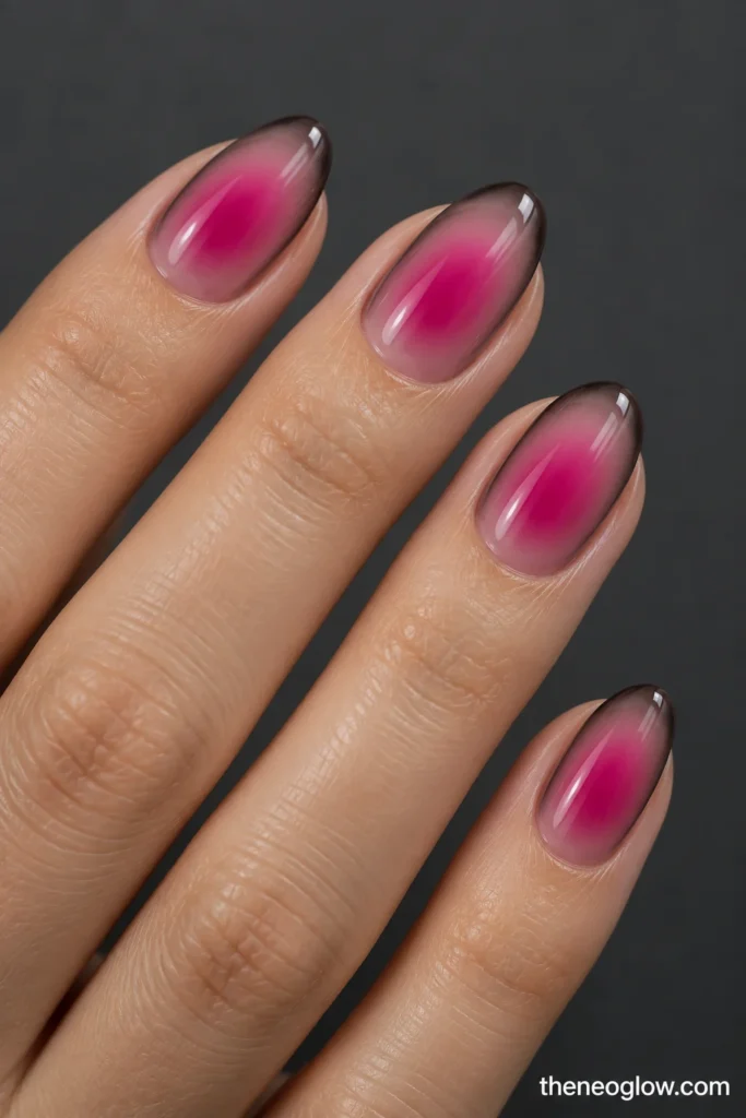 Pink aura nails with a diffused fuchsia center and thin smoky black glassy rim.