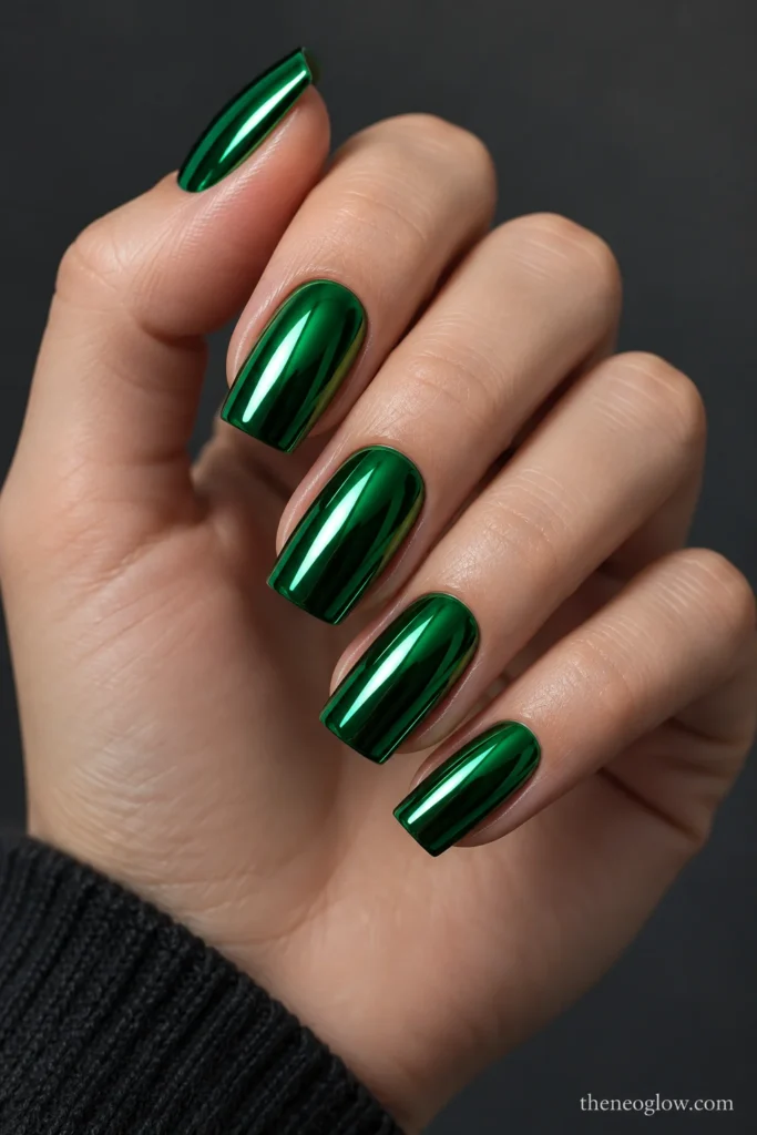 Medium tapered-square nails fully coated in reflective emerald-green chrome.