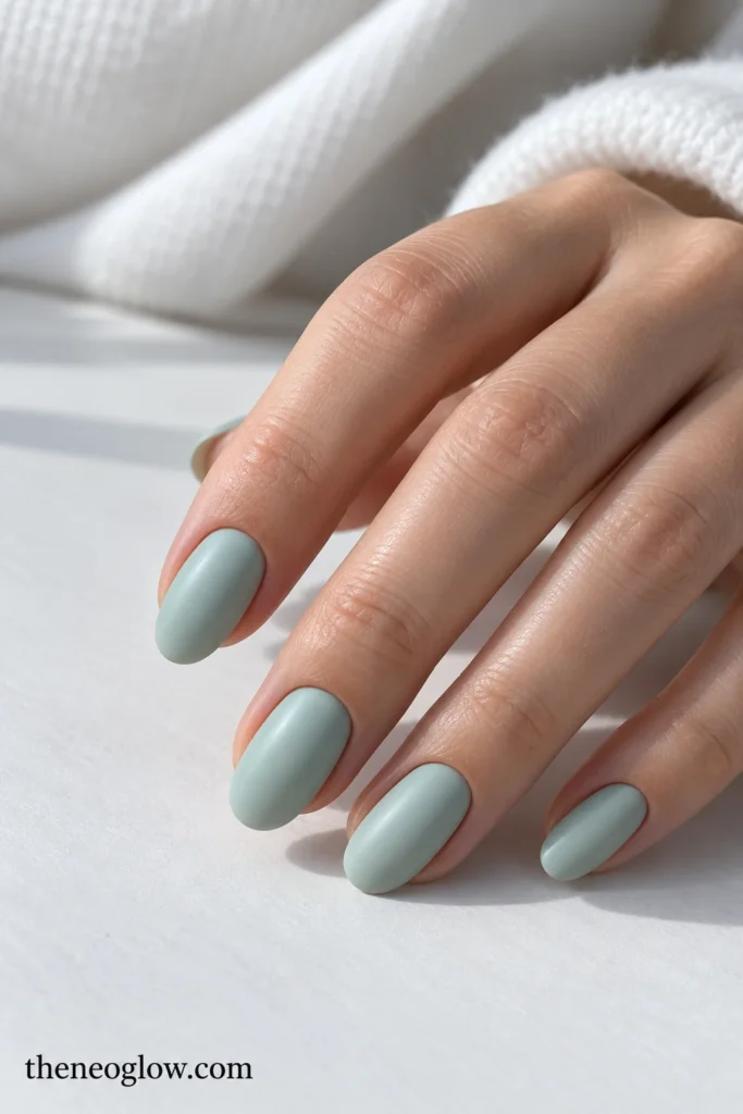 Medium oval nails with opaque icy blue-green mint polish and a smooth satin finish.