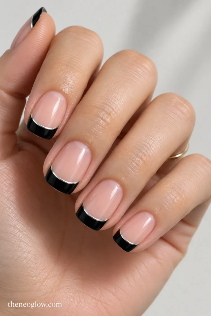 Almond nails with glossy deep-black French tips over opaque matte taupe polish.