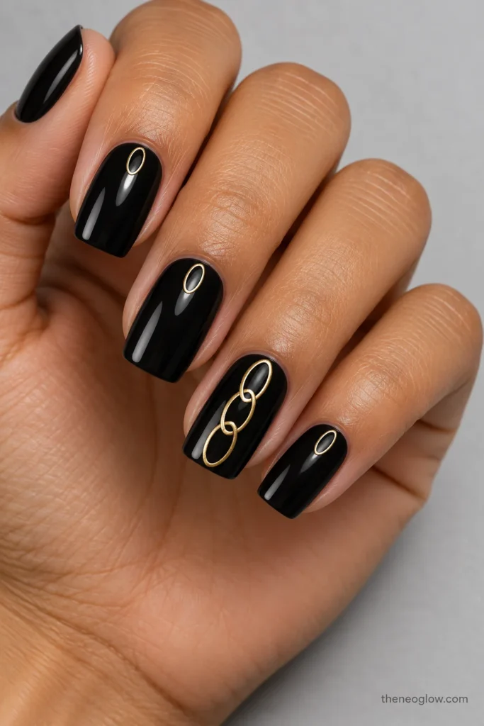 Glossy black soft-square nails with overlapping gold chain-link ovals on the ring finger and small oval accents on the others.
