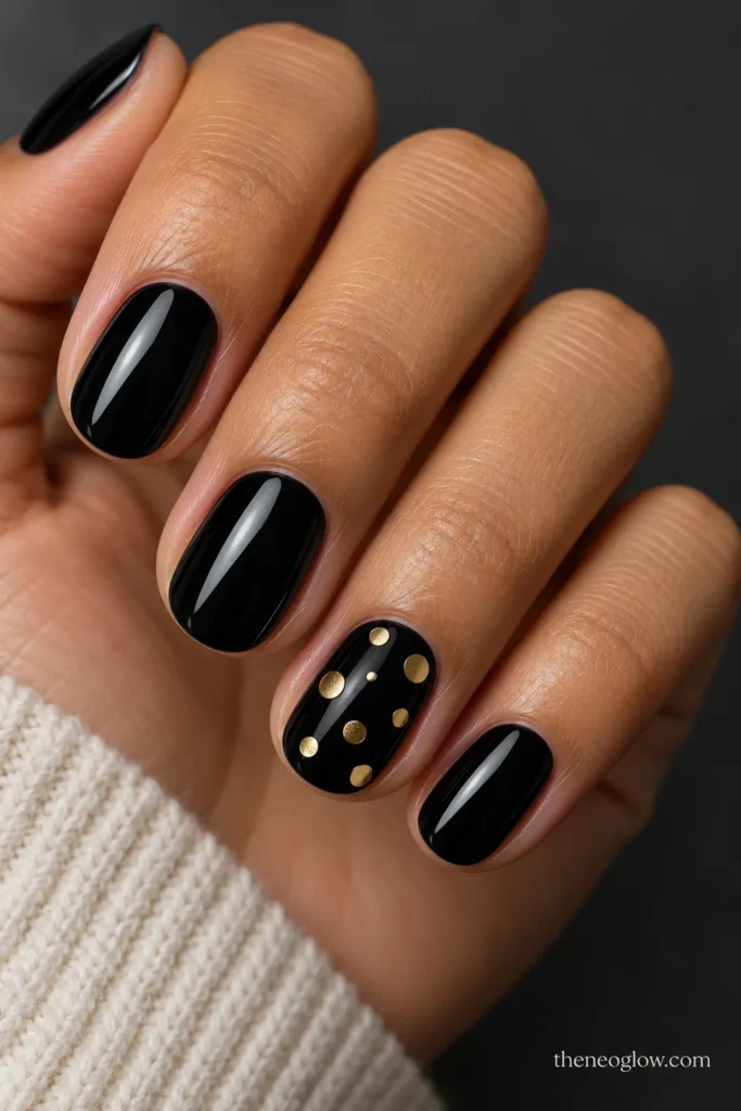 Short glossy black oval nails with spaced gold dots on the ring fingernail.
